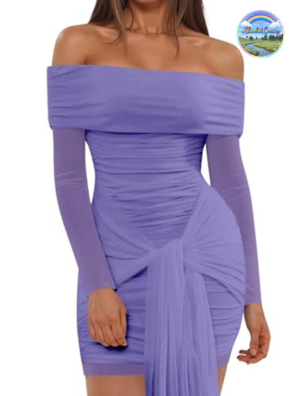 Off Shoulder Ruched Bodycon Dress Women Long Sleeve Mesh Open Back